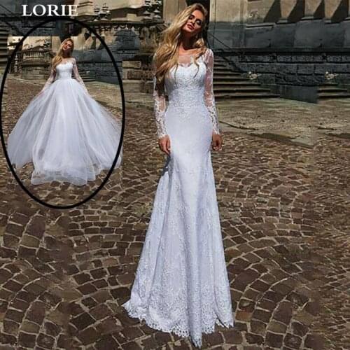 LORIE Long Sleeve Wedding Dress With Detachable Train Appliqued Lace Bride Dress Romantic Buttons Wedding Gowns Vestido de Novia