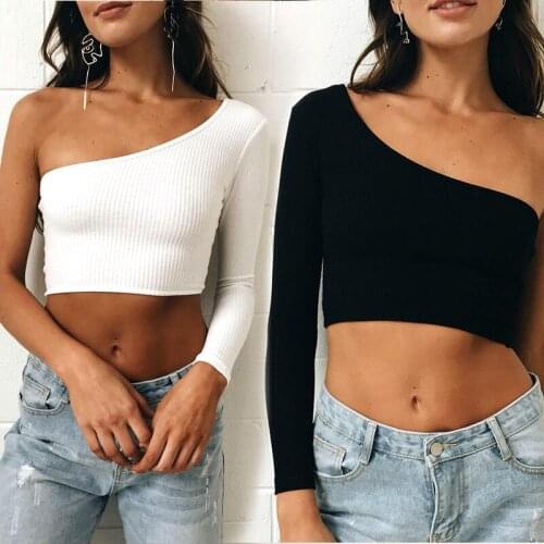 2020 Fashion One Shoulder Crop Tops Women Long Sleeve Knited Solid Shirts Blouse Ladies Summer Autum Tops Femme