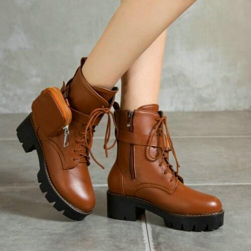 Black Brown Women Ankle Boots Platform Square Heel Ladies Short Boots PU Leather Short Plush Women Autumn Winter Shoes Big Size