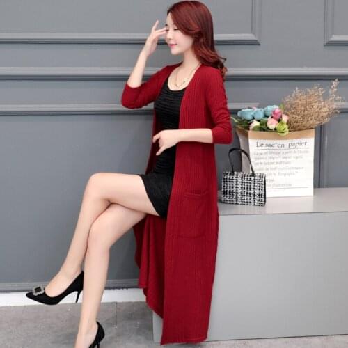 Spring and Autumn Womens 2018 New Long Knit Long-sleeved outside shawl coat Korean fashion solid color cardigan TB181240
