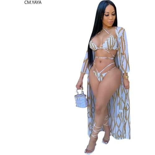 CM.YAYA Women Summer Chain Print Clock Long Tops Tie Up Bra Panties Suit Sexy Beach Bikinis Set Tracksuit Swimsuit