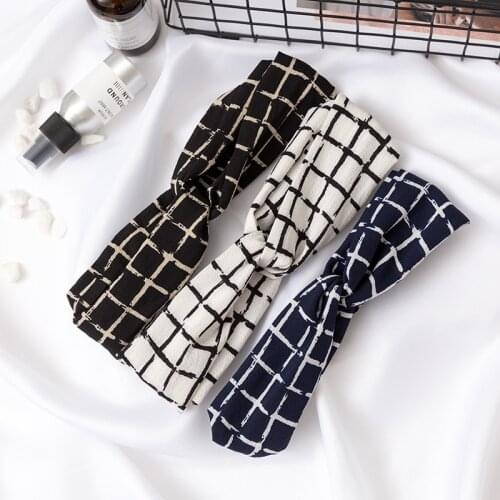 Lady Chiffon Cross printing Big grid hair bands for Women Headband Plaid Headwear girls flower Hair Accessories FD17
