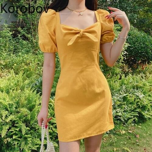 Korobov 2020 Summer New Fashion Women Dress Vintage Sweet Bow Square Collar Dresses Puff Sleeve A-Line Vestidos Femme