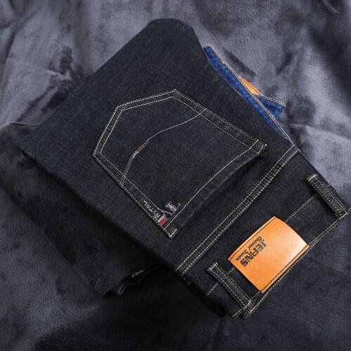 Winter Mens Warm Thick Jeans Plus Size 42 44 46 Business Fashion Black Blue Regular Fit Denim Stretch Trousers Male Brand Pants