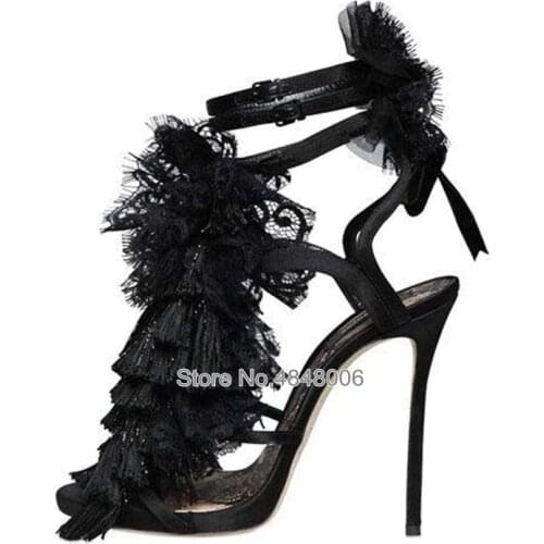 2019 Fashion Tassels Lace Black Woman Sandals Open Toe High Heel Ladies Stiletto Shoes Ankle Strap Elegant Party Dress Sandals