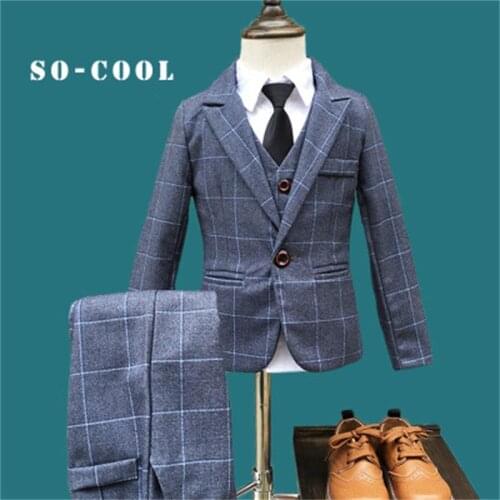 2018 Fashion New 5PCS Kids Lattice Wedding Blazer Suit Brand Flower Boys Formal Tuxedos School Suit Kids Spring Clothing Set