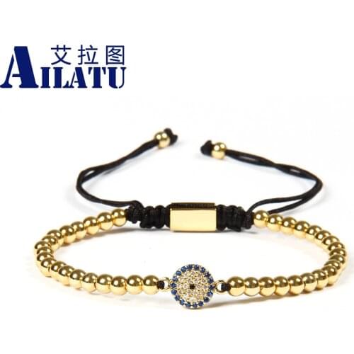Ailatu Wholesale 10pcs/lot 4mm Stainless Steel Beads with Micro Pave Blue CZ Eye Connector Macrame Bracelet