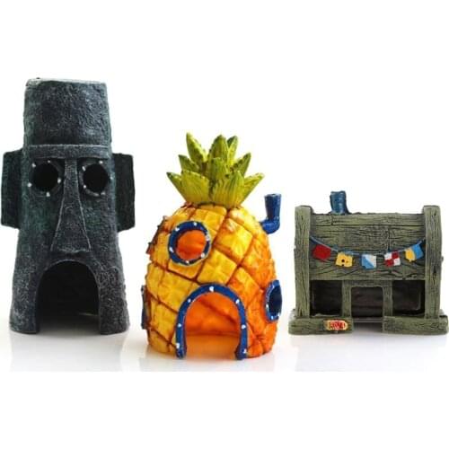 Aquarium Pineapple House Aquatic Tank Resin Ornament Squidward Hideout Krusty Krab Decorations 3 Styles Easy to Clean