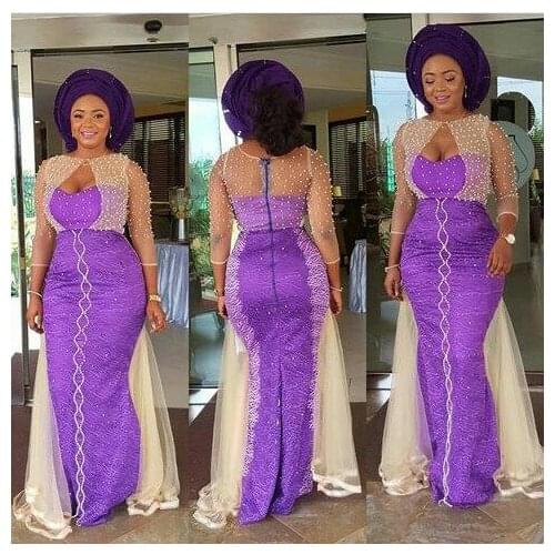 Aso Ebi Style Formal Event Dresses Purple Beaded Appliques Mermaid Illusion Three Quarter Sleeves Floor Length Prom Gowns