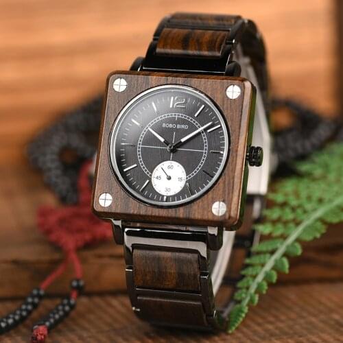 BOBO BIRD Luxury Brand Wood Watch Men Square Wristwatch Japanese Seiko Movement Relogio Masculino Christmas Gift to Dad J-R14