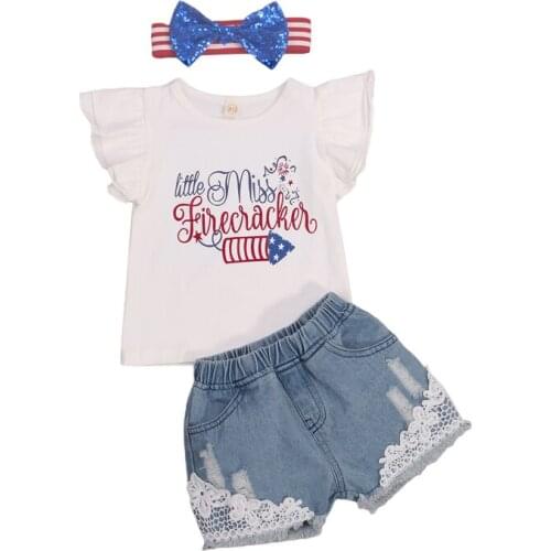 FOCUSNORM 3Pcs Independence Day Girls Clothes Sets 1-6Y Summer Letter Printing Fly Sleeve Tops + Lace Denim Shorts +Headband