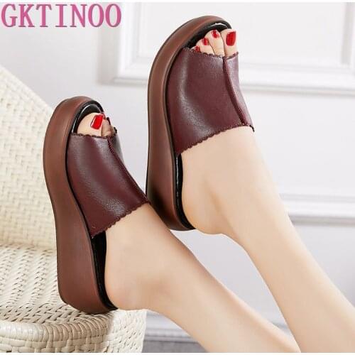 GKTINOO Women Slippers 2021 Ladies Summer Slippers Shoes Women Wedges Heels Fashion Summer Genuine Leather Shoes Platform