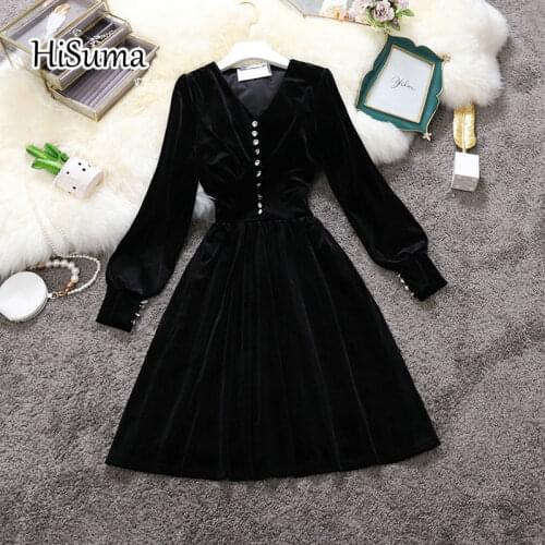 HISUMA Autumn Winter New Female Chic V Collar Single Breasted Lantern Sleeve Velvet A-Line Dresses Womens Elegant Clothing