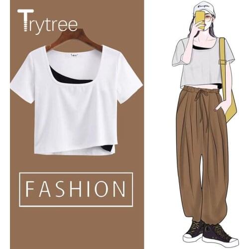 Trytree 2021 Summer Woman Casual T-shirt Square Collar Cotton Elastic T-shirt Patchwork 2 Colors Streetwear Short Tops For Women