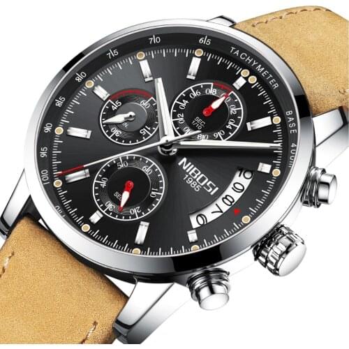 Mens Watches Top Brand Luxury NIBOSI Quartz Watch Men Sport Chronograph Military Leather Strap Male Watches relogio masculino
