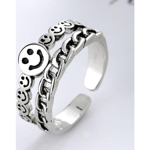 Happy Smiling Face Open Ring For Men Women Geometric Two Row Chain-Shape Retro Ring Punk Hip Hop Accessories Interesting Gifts