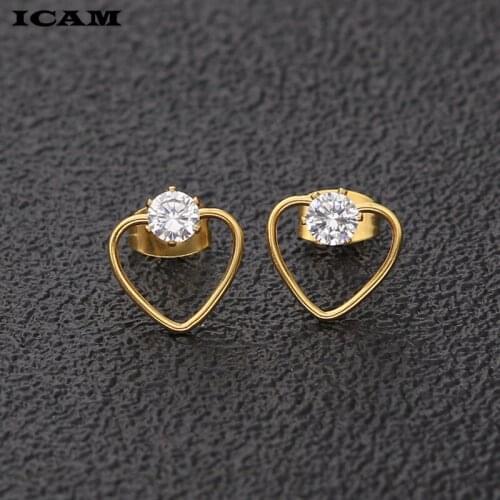 ICAM Fashion CZ Hear Stainless Steel Ear Stud Crystal Zircon Earrings Piercing Jewelry Gold Clear boucle