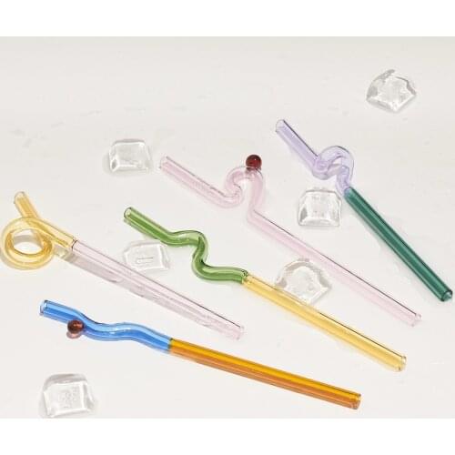 Nordic Color Glass Straw Lovely Coffee Mixing Bar Design Reusable Straw Long Stem Glass Straw Drinkware Drinking Water Cup