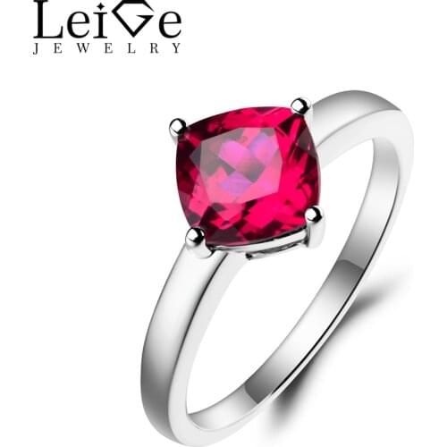 Leige Jewelry Red Ruby Ring Ruby Proposal Ring July Birthstone Cushion Cut Red Gemstone 925 Sterling Silver Solitaire Ring
