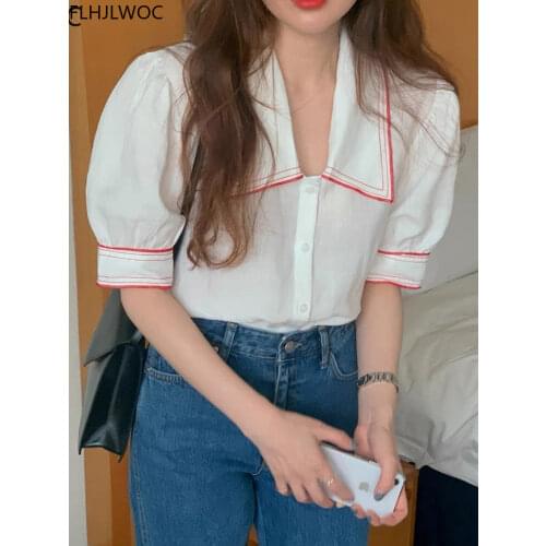 2021 Cute Chic Tops Summer Puff Sleeve Sweet Girls Women Casual Solid Color Plus Size Single-Breasted Button White Shirt