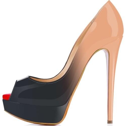 Women Pumps Sexy Platform Peep Toe 14cm Extremely High Heels Woman Patent Leather Nighclub Red Wedding Shoes Gradient Stiletto
