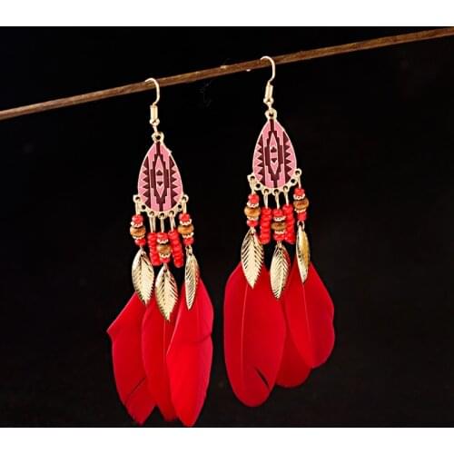 2019 Vintage Gold Leaf Alloy Tassel Dangle Earrings For Women Bohemia Gypsy Hippie Red Feather Statement Earrings Jhumka Jewelry