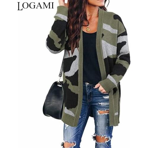 LOGAMI Camouflage Knitted Long Cardigan Women Autumn Winter Knitwear Sweater Woman Casual Cardigans