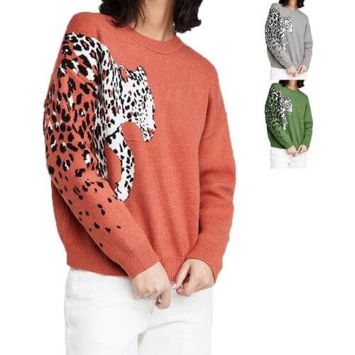 Women Fashion Knitted Pullover Sweater Long Sleeve Round Neck Leopard Casual Sweaters Fall 2021 Women Clothing