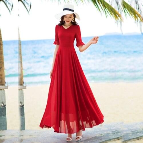 Dresses for Women 2021 Summer New Plus Size S-4XL V Collar Solid Color Short Sleeve Women Chiffon Long Dress Vestido Midi D68