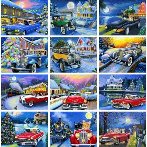 HUACAN Diamond Embroidery Christmas Winter Cat New Arrival Diamond Painting House Car Mosaic Landscape Home Decoration