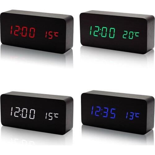 Wooden LED Alarm Clock with Temperature Sounds Control Calendar LED Display Electronic Desktop Digital Table Clocks FBE3