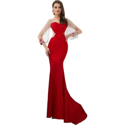 Elegant Satin Square Collar Appliques Transparent Mermaid Long Evening Dress Prom Gown Robe de soiree Vestido de noche 60314
