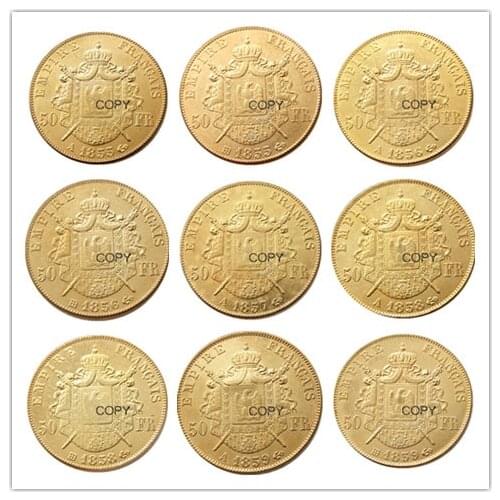 France 1855 -1859 A B 9pcs 50 Francs Gold Plated Copy Decorate Coin