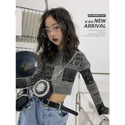 Girls Retro Printed Newspaper T-shirt Bottoming Shirt 2021 Spring New Childrens Slim Short Long-sleeved Top Trend girl clothes