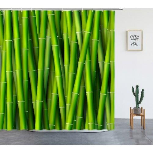 Green Bamboo Shower Curtains Set Wall Hanging Bathroom Decor Natural Scenery Luxury Polyester Fabric Bathtub Screen With Hooks