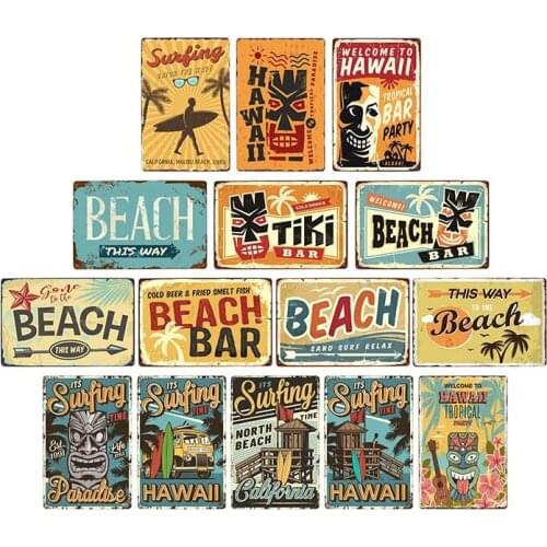 Hawaii Seaside Metal Plaque Beach Bar Party Metal Tin Sign Summer Vacation Club Home Decoration Wall Sticker Metal Plate 20X30Cm