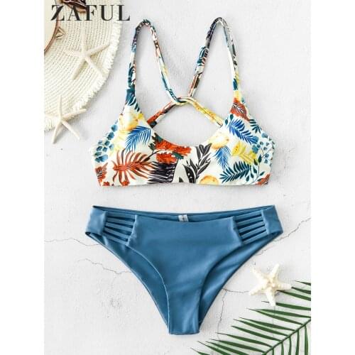 ZAFUL Leaf Print Strappy Bikini Set Swimsuit Women Summer Backless Low Waist Swimwear Brazilian Beach Two Piece Bathing Suit