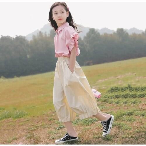 2021 Summer Kids Korean Little Girls Outfits Set Shirt Top & Wide Leg Pants 2 Pieces Teenage Girls Clothing 3 4 6 8 10 11 14 Y