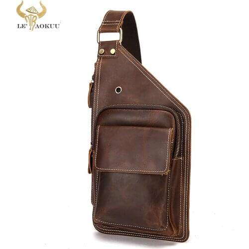 Hot Sale Men Crazy Horse Leather Vintage Triangle Chest Sling Bag 8" Tablet Design One Shoulder Bag Cross body Bag Male 1318