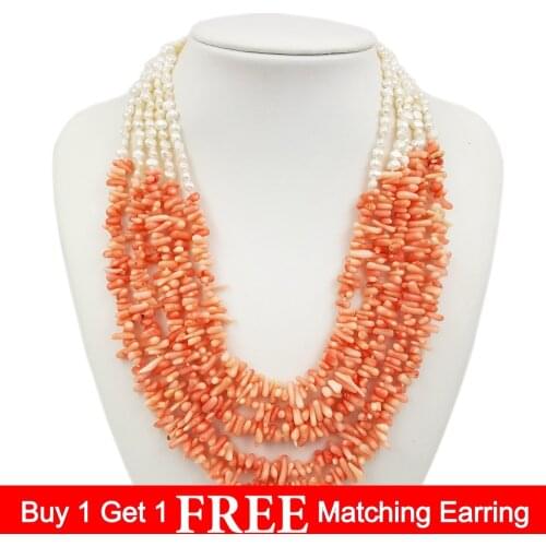 LiiJi Unique New Fashion Necklace Dye Pink Color Coral,Freshwater Pearl 5 Rows Necklace 50cm/20inch