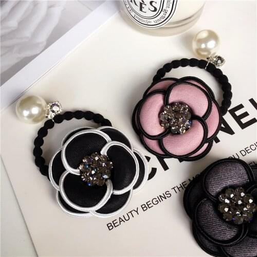 Fashion Girls Camellia hair accessories rustic small fresh flower beaded pearl headband rubber band elastic hair bands