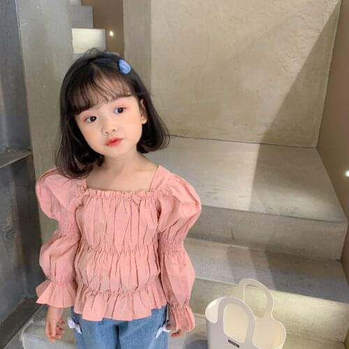 New 2021 Spring Baby Girls Puff Sleeve Blouses Solid Color Kids Tops Square Collar Children Ruched Shirts