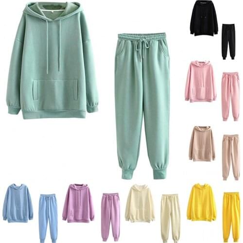 2021 Autumn Winter Women Thick Fleece Solid Suit 2 Pieces Sets Hoodies Sweatshirt And Pants Suits