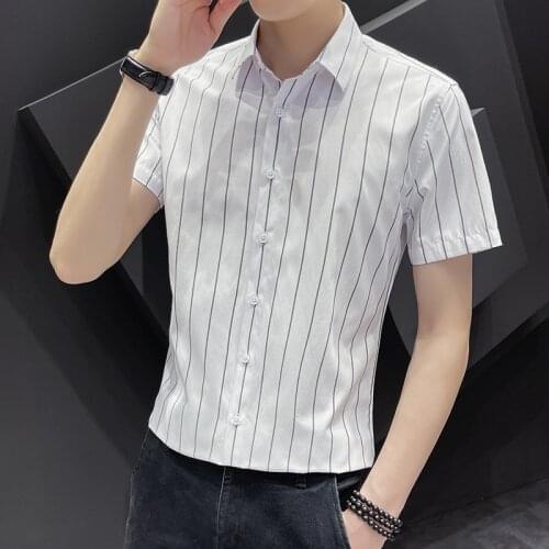 Plus Size 5XL-M Korean Summer Short Sleeve Vertical Stripes Men Dress Shirts Simple Slim Fit Casual Business Work Blouse Homme