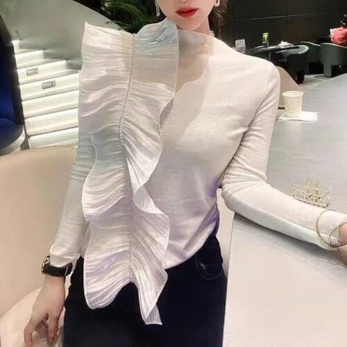 Rhinestone Chain T-Shirt Women Stereo Fungus Slim Fit Patchwork Shirt Female Trendy All-Matching Basic Long Sleeve O Neck Top