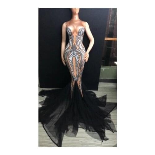 Performance Stretch Dance Dress Black Mesh Trains Long Dress Birthday Celebrate Outfit Nightclub Party Singer Costume Dress
