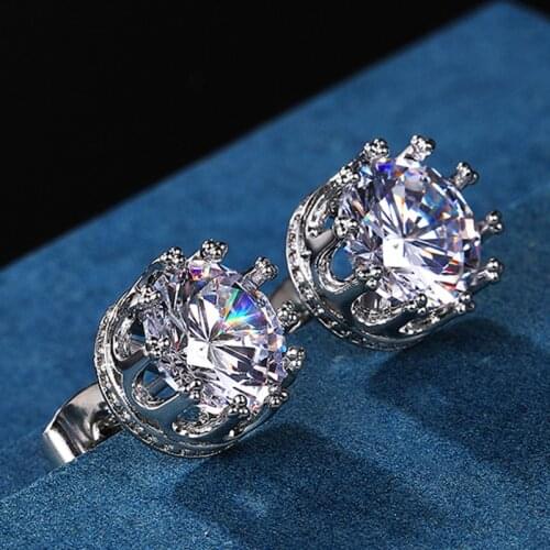 Huitan Luxury Stud Earrings for Women Crown Shaped Setting Round CZ Zirconia Wedding Earrings Party Daily Wear Statement Jewelry