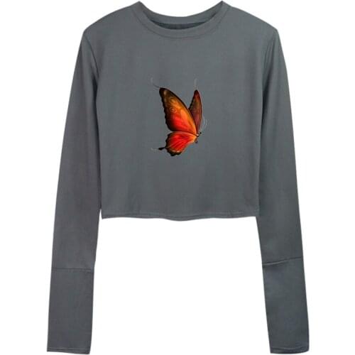 Women Butterfly Printed Girls Crop Tops Cotton Summer Two-piece Suits Fashion Graphic T-shirt Cotton Pant Set Long Sleeve Shirts