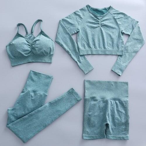 Femme 2/4Pcs Seamless Women Yoga Set Workout Sportswear Gym Clothing Fitness Long Sleeve Crop Top High Waist Leggings Sport Suit