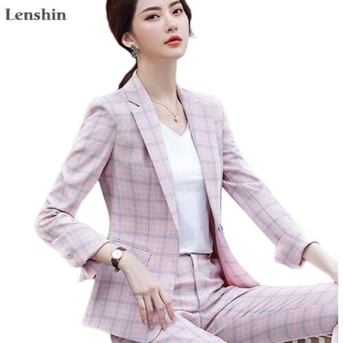 Lenshin High Quality 2 Piece Set Plaid Formal Pant Suit Blazer Office Lady Designs Women Soft Jacket and Ankle-Length Pant